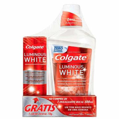 Kit Colgate Luminous White Enxaguante Bucal com 500ml + Pasta de Dente com 70g