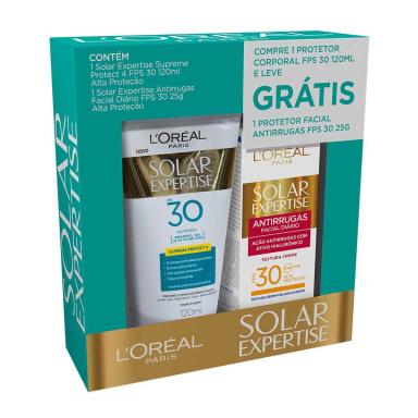 Kit Protetor Solar L'Oréal Solar Expertise com 1 Protetor Facial Antirrugas FPS 30 de 25g + 1 Protetor Corporal Protect 4 FPS 30 de 120ml