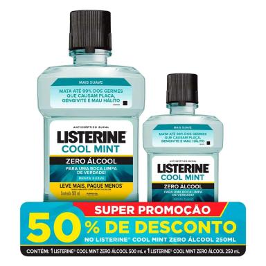 Kit Enxaguante Antisséptico Bucal Listerine Cool Mint Zero Álcool com 500ml + 250ml