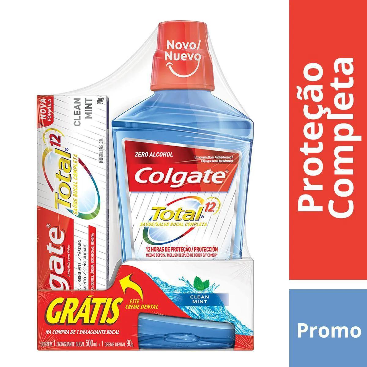 Kit Enxaguante Bucal Colgate Total 12 Clean Mint com 500ml Grátis Pasta Dental Total 12 com 90g