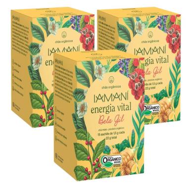 KIT 3 CHá MISTO ORGâNICO ENERGIA VITAL BELA GIL IAMANí 15 SACHêS GUARANá DE MAUéS GENGIBRE MATE CHá VERDE SáLVIA