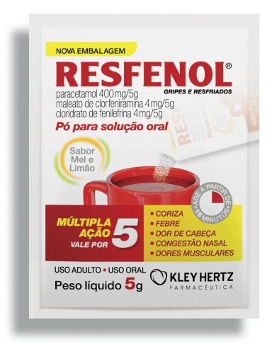 Resfenol Paracetamol 400mg/5g + Cloridrato Fenillefrina 4mg/5g + Maleato de Clorfeniramina 4mg/5g Sabor Mel e Limão Pó para Solução 5g