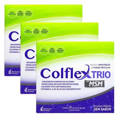 KIT 3UNI COLáGENO HIDROLISADO COLFLEX TRIO MSM 30 SACHêS - MANTECORP