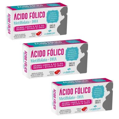 KIT 3 UNIDADES ÁCIDO FóLICO METILFOLATO + DHA 30 COMPRIMIDOS LA SAN DAY CADA