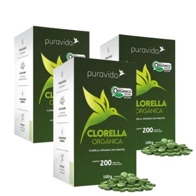 KIT 3 CLORELLA PREMIUM PURAVIDA, 500MG 200 TABLETES ORGâNICA SEM Sabor