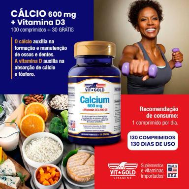 Cálcio 600 mg com Vitamina D3 Vitgold 100 comprimidos + 30 Grátis