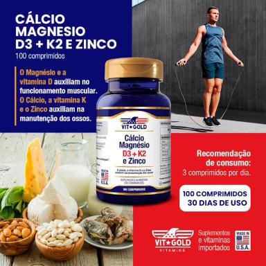 Cálcio Magnésio Zinco com Vitamina D3 e K2 Vitgold 100 Comprimidos